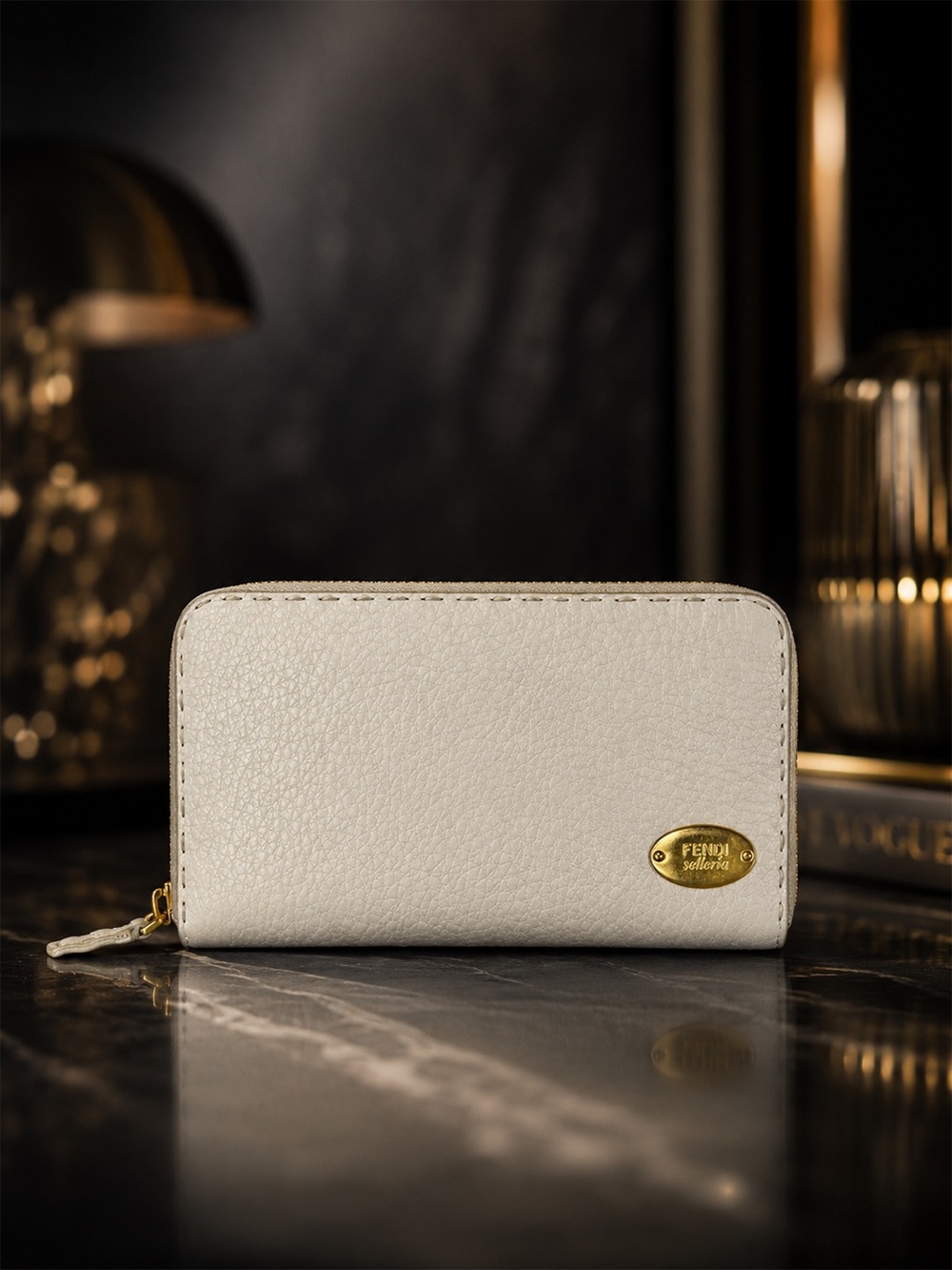 Fendi Selleria White Pebbled Leather Long Zip Around Wallet | Full Inclusion